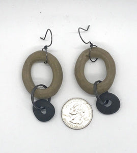 Carved Wood Oval and Rock Earring