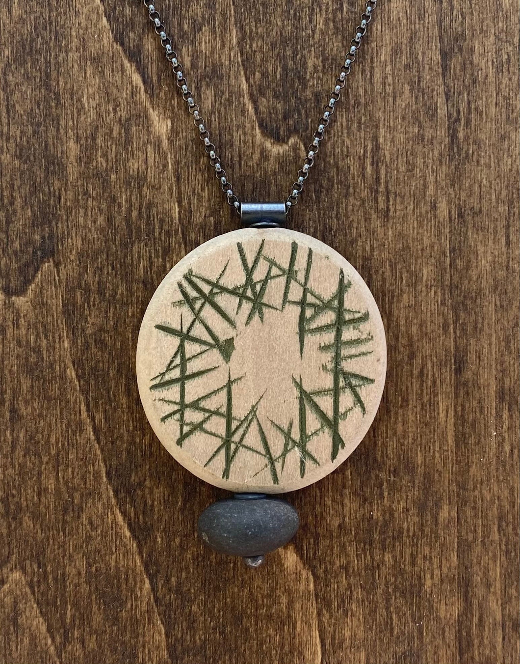 Carved & Painted Wood Circle Rock Necklace