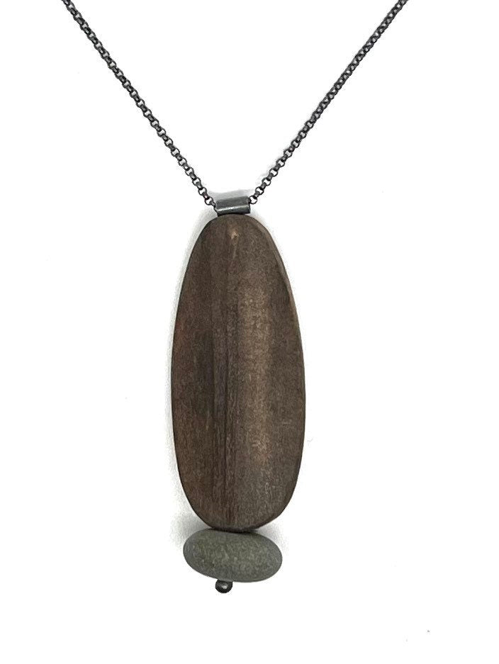 Burned Wood Oval and Rock Necklace