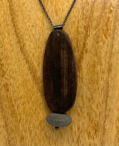 Burned Wood Oval and Rock Necklace