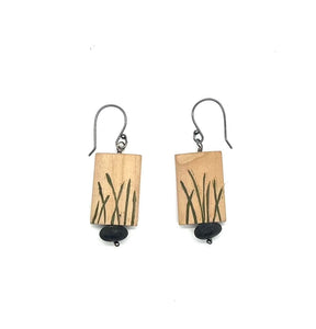 Carved Wood Rectangle & Rock Earrings